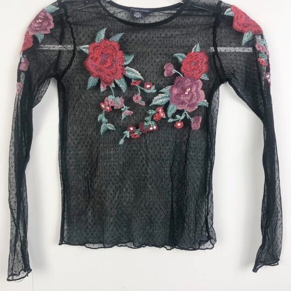AMERICAN EAGLE | Y2K Style Black Sheer Dot Long Sleeve Top Floral Patches XXS - Picture 1 of 10